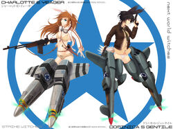  2girls animal_ears bikini bikini_top_only bird_girl bird_tail black_hair blowing_bubbles blue_eyes charlotte_e._yeager chewing_gum commentary_request dominica_s._gentile dual_wielding goggles goggles_around_neck gun handgun head_wings highres holding holster jacket knife light_smile long_hair m1918_bar machine_gun mecha_musume midriff multiple_girls navel necktie no_pants no_shirt orange_hair p-38_lightning p-51_mustang panties photoshop_(medium) rabbit_ears rabbit_girl shirt short_hair short_shorts shorts star_(symbol) strike_witches strike_witches:_kurenai_no_majo-tachi striker_unit swimsuit tail trigger_discipline underwear weapon wings world_witches_series yuukou 