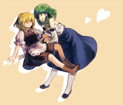  2girls ariori_haberi arm_grab arm_hug bad_id bad_pixiv_id blonde_hair boots braid detached_sleeves frog green_eyes green_hair hair_ornament hair_tubes heart kirisame_marisa kochiya_sanae multiple_girls no_headwear pantyhose skirt snake touhou white_pantyhose yellow_eyes yuri 