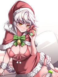  alternate_costume arm_support asymmetrical_hair bikini bikini_top_only box braid breasts capelet colored_eyelashes commentary_request covered_nipples female gift gift_box grey_hair hair_between_eyes hair_ornament hat kantai_collection large_breasts light_smile lips long_hair looking_at_viewer micro_bikini miniskirt pom_pom_(clothes) red_capelet red_skirt santa_costume santa_hat single_braid sitting skirt solo swimsuit taka_(sanoujo358) unryuu_(kancolle) very_long_hair yellow_eyes yokozuwari 