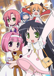  5girls ahoge angry animal_ears arm_up bag bangs belt black_hair blue_hair blush blush_stickers breasts character_request choker cleavage closed_eyes dress female green_eyes hair_ornament hair_ribbon handbag hatomugisan headband lolicon long_hair long_sleeves multiple_girls orange_hair outstretched_arms pink_dress pink_hair puffy_sleeves purple_eyes purse ribbon rio_-rainbow_gate!- short_hair short_sleeves smile sparkle stuffed_animal stuffed_toy super_blackjack teddy_bear thighhighs toy twintails white_dress 