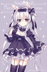  albino animal_ears bad_id bad_pixiv_id breasts christmas cleavage commentary_request female garter_straps gloves heterochromia jitome long_hair original rolo_noir small_breasts solo thighhighs tsukikage_nemu twintails white_hair 