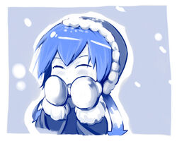  arantheus bad_link blue_hair blue_theme closed_eyes female hood ikamusume long_hair mittens monochrome shinryaku!_ikamusume snow solo tentacle_hair winter_clothes 