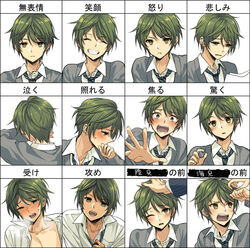  1boy 1other :t ambiguous_gender blush collarbone commentary_request embarrassed expression_chart expressions green_hair grin hands headpat heavy_breathing implied_sex looking_away male_focus minamibe open_clothes open_shirt original out_of_frame sad shirt smile solo_focus sweatdrop tears 