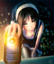  bad_id bad_pixiv_id beer_can bent_over black_dress black_hair black_hat black_pantyhose black_santa_costume blurry blush bokeh breasts brown_hair can christmas christmas_tree cleavage closed_mouth commentary_request depth_of_field downblouse dress drink_can female fur_trim glowing hand_on_lap hat holding long_hair looking_at_viewer mocha_(cotton) night original pantyhose pom_pom_(clothes) product_placement santa_costume santa_hat signature sleeveless sleeveless_dress small_breasts smile solo yebisu yellow_eyes 