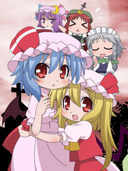  &gt;_&lt; 5girls bangs bat_wings blonde_hair blue_hair blush book braid braids chibi closed_eyes cloud cross dress female flandre_scarlet gray_hair grey_hair hair_ornament hat hatomugisan headdress hong_meiling izayoi_sakuya knife long_hair looking_at_viewer maid maid_headdress moon multiple_girls open_mouth outdoors patchouli_knowledge pose posing purple_eyes purple_hair red_eyes red_hair remilia_scarlet ribbon short_hair siblings side-by-side side_by_side side_ponytail silhouette sisters sky smile standing star sweatdrop throwing_knife touhou twin_braids weapon wings 