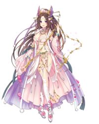  bracelet breasts brown_hair cleavage crossed_legs detached_sleeves female flower full_body hair_ornament high_ponytail highres holding holding_weapon jewelry large_breasts long_hair looking_at_viewer midriff miemia navel official_art open_mouth pelvic_curtain pink_flower pink_rose purple_eyes rose royal_flush_heroes shunmei solo transparent_background very_long_hair weapon whip white_legwear 