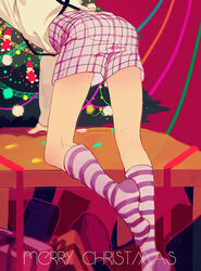  1boy alternate_costume arm_support ass bad_id bad_pixiv_id bent_over blue_ribbon box canto christmas christmas_ornaments christmas_tree gift gift_box green_ribbons head_out_of_frame kneehighs long_sleeves male_focus matsuno_ichimatsu merry_christmas no_shoes on_one_knee orange_ribbon osomatsu-kun osomatsu-san osomatsu_(series) photoshop_(medium) pink_ribbon plaid plaid_shorts red_ribbon ribbon shirt shorts socks solo strap_gap striped_clothes striped_socks suspender_shorts suspenders table white_shirt 