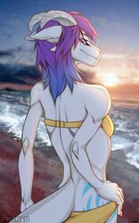  anthro beach bikini clothing dragon female hair hi_res horn looking_at_viewer maya_(kukulkan) mythological_creature mythological_scalie mythology okithau outside scalie seaside skinny smile solo standing swimwear 