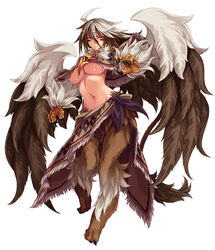  &gt;:( ahoge animal_hands breasts brown_hair capelet claws digitigrade facial_mark feathered_wings female frown full_body fur griffin griffon_(monster_girl_encyclopedia) highres kenkou_cross large_breasts looking_at_viewer monster_girl monster_girl_encyclopedia multicolored_hair navel official_art serious simple_background solo stomach tail two-tone_hair underboob v-shaped_eyebrows waist_cape white_background white_hair wings 