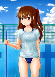  arena_(company) blouse breasts brown_hair cleaning_brush cloud commentary_request competition_swimsuit covered_nipples day empty_pool female long_hair medium_breasts one-piece_swimsuit original pool red_eyes shirt solo standing swimsuit tk4 two_side_up 