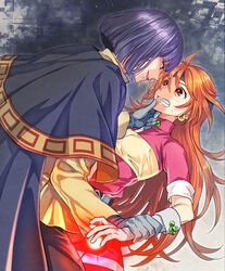  1boy arm_grab bad_id bad_pixiv_id bob_cut clenched_teeth earrings female grabbing hand_on_another&#039;s_face headband jewelry lina_inverse long_sleeves looking_at_another magic minamibe orange_hair purple_hair red_eyes red_hair shawl short_hair slayers teeth xelloss 