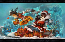  2girls antlers ass bodysuit breasts brown_eyes brown_hair christmas clipboard commentary english_commentary frozen gift glasses goggles gun hat highres horns letterboxed medium_breasts mei_(overwatch) monster multiple_girls murloc orange_bodysuit orange_goggles overwatch overwatch_1 photoshop_(medium) running santa_hat shizi_(10z) short_hair sleigh smile thighs tracer_(overwatch) weapon yellow_eyes 