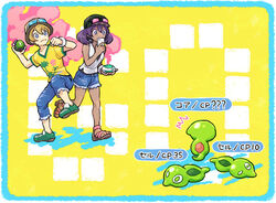  1boy blonde_hair blue_eyes commentary_request dark_skin dexio_(pokemon) eyewear_on_head female hat ikra_(katacoly) incense pokemon pokemon_(creature) pokemon_go pokemon_sm purple_hair sandals shoes short_hair shorts simple_background sina_(pokemon) sneakers sunglasses zygarde zygarde_cell zygarde_core 