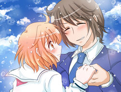  1boy bad_id bad_pixiv_id blush brown_hair closed_eyes couple female holding_hands kotoura-san kotoura_haruka manabe_yoshihisa necktie orange_eyes orange_hair school_uniform serafuku seseri_momona short_hair straight tears 