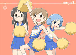  3girls aioi_yuuko bare_shoulders black_hair blue_eyes blue_hair blush_stickers brown_eyes brown_hair cheerleader collarbone commentary_request copyright_name cube_hair_ornament glasses hair_ornament long_hair looking_at_viewer midriff minakami_mai multiple_girls naganohara_mio navel nichijou orange_background pom_pom_(cheerleading) pose short_hair short_twintails skirt sleeveless socks standing tomboo twintails 