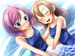  2girls :d ^_^ bad_id bad_pixiv_id blush brown_hair closed_eyes competition_school_swimsuit kosaka_honoka love_live! love_live!_school_idol_project multiple_girls nishikino_maki noshimasa one-piece_swimsuit one_side_up open_mouth photoshop_(medium) pink_hair purple_eyes school_swimsuit short_hair smile swimsuit 