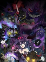  armband banette bare_shoulders book breasts chandelure choker cleavage closed_mouth cosplay crossover dark drifloon duskull elbow_gloves emblem english_text female fire gastly gengar ghost gloves glowing glowing_eye grimoire hat haunter heart highres holding holding_book honedge lace lace-trimmed_gloves lace_trim litwick looking_at_viewer medium_breasts mimikyu misdreavus mismagius mismagius_(cosplay) oka_ruto_(yandere_simulator) open_book pentagram pokemon pokemon_(creature) pumpkaboo purple_eyes purple_gloves purple_hair purple_hat red_lips sableye shuppet smile upper_body valeera witch_hat yamask yandere_simulator 