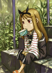  abe_yoshitoshi blonde_hair commentary_request dress female food headband highres ice_cream lolicon long_sleeves mouth_hold outdoors photoshop_(medium) ryushika ryushika_ryushika sandals sitting sitting_on_stairs solo stairs 