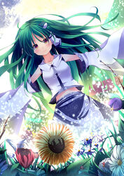  commentary_request detached_sleeves female flower frog green_hair hair_ornament highres kochiya_sanae long_hair masa_(miyabitei) solo touhou yellow_eyes 