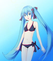  aqua_eyes aqua_hair bangs bikini female hair_ribbon hatsune_miku highres long_hair ribbon side_tie smile swimsuit twintails very_long_hair vocaloid 