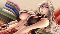  alisa_ilinichina_amiella belt blanket blonde_hair blue_eyes blush breasts buckle closed_mouth commentary_request dutch_angle female fingerless_gloves gameplay_mechanics gloves god_eater god_eater_resurrection hair_between_eyes hat highres huge_breasts lipstick long_hair looking_at_viewer makeup midriff navel photoshop_(medium) plaid purple_eyes skirt sleeveless solo suspender_skirt suspenders underboob unworn_hat unworn_headwear upper_body watanuki_kaname white_hair 