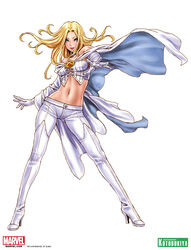  bare_shoulders blonde_hair blue_eyes boots cape choker copyright_name corset crop_top elbow_gloves emma_frost female fighting_stance foreshortening full_body gloves high_heel_boots high_heels highres hips lipstick long_hair looking_at_viewer lowleg makeup marvel midriff navel no_bra outstretched_arm outstretched_hand pants shoes simple_background skin_tight smile solo spread_legs standing superhero thigh_boots thighhighs white_legwear wide_hips wind x-men yamashita_shun&#039;ya 