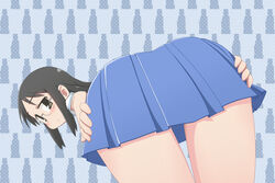  ass bent_over black_eyes black_hair commentary_request female foreshortening glasses long_hair looking_back minakami_mai nichijou school_uniform short_sleeves skirt solo thighs tokisadame_school_uniform tomboo 