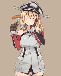  ^_^ bare_shoulders bismarck_(kancolle) blonde_hair blush breasts closed_eyes commentary_request detached_sleeves female food gloves hand_on_own_cheek hand_on_own_face hat kantai_collection kuroneko_shiro large_breasts long_hair military military_hat military_uniform peaked_cap sausage solo thighhighs uniform 