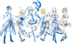  2boys 4girls alternate_costume blonde_hair blue_eyes blue_hair brown_hair detached_sleeves gloves hair_ribbon hatsune_miku kagamine_len kagamine_rin kaito_(vocaloid) kei_(keigarou) long_hair looking_at_viewer megurine_luka meiko_(vocaloid) multicolored_hair multiple_boys multiple_girls navel necktie pink_hair rabbit_yukine ribbon short_hair shorts skirt smile snowflake_print twintails vocaloid white_background white_gloves yuki_kaito yuki_len yuki_luka yuki_meiko yuki_miku yuki_miku_(2011) yuki_rin 