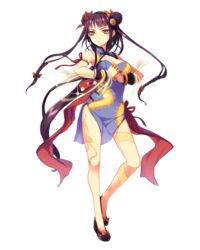  arm_strap bare_legs braid braided_bun breasts chinese_clothes cleavage clenched_hand cracking_knuckles double_bun dragon_print dragon_tattoo female full_body hair_bun highres long_hair medium_breasts miemia no_socks official_art own_hands_together red_eyes rin_(royal_flush_heroes) royal_flush_heroes solo tattoo transparent_background two_side_up 