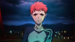  1boy applechoc bad_id bad_pixiv_id brown_eyes commentary_request emiya_shirou fate/stay_night fate_(series) male_focus neon_trim night raglan_sleeves red_hair solo 