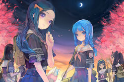  5girls bad_id bad_pixiv_id bag blue_eyes blue_hair braid crescent_moon hair_ribbon moon multiple_girls night night_sky original photoshop_(medium) purple_eyes ribbon school_bag school_uniform serenade_(sinohi) sky tree 