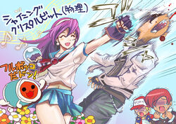  3boys :3 :d ^_^ asamiya_athena baseball_cap beamed_eighth_notes black_hair blonde_hair blood blood_splatter blush blush_stickers brooch chains chibi closed_eyes commentary_request crying dual_wielding earrings eighth_note face_punch faceless faceless_male fatal_fury fatal_fury_cap female fighting_stance fingerless_gloves flower gloves gradient_background hairband hat holding in_container in_the_face jacket jewelry kusanagi_kyou laughing long_hair midriff miniskirt motion_blur motion_lines multiple_boys musical_note navel neckerchief no_eyes nose_blush open_clothes open_jacket open_mouth outstretched_arm pants pleated_skirt punching purple_hair quarter_note rhythm_of_fighters saturn-freak school_uniform serafuku shirt short_hair short_sleeves skirt smile solo_focus speed_lines staff_(music) standing taiko_no_tatsujin tears terry_bogard the_king_of_fighters the_king_of_fighters_xi translation_request trembling wada_don wavy_mouth weapon yagami_iori 