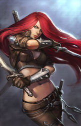  aqua_eyes belt blade breasts cleavage commentary_request female highres katarina_(league_of_legends) league_of_legends lips long_hair medium_breasts navel noa_ikeda red_hair scar smile solo very_long_hair 