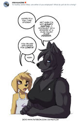  2015 anthro ask_blog audrey_(jay_naylor) black_body black_fur blue_eyes bra breasts brown_eyes canid canine canis clothed clothing conditional_dnp dialogue digital_media_(artwork) domestic_dog duo ear_piercing english_text female fur humor jay_naylor larger_female mammal mary_(jay_naylor) muscular muscular_female piercing shaded size_difference speech_bubble sports_bra student tan_body tan_fur teeth text trans_(lore) trans_woman_(lore) underwear url wolf 