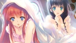  2girls :o alisia_heart aquaplus ass bed_sheet black_hair blue_eyes dungeon_travelers_2 game_cg green_eyes hair_over_shoulder hand_on_own_chin indoors light_rays lingerie long_hair melvy_de_florencia mitsumi_misato multiple_girls official_art sleeveless sweatdrop underwear 