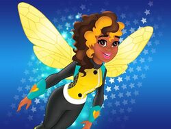  brown_eyes bumble_bee dark_skin dc_comics female honeycomb_pattern insect_wings karen_beecher open_mouth smile solo two-tone_hair vambraces wings 