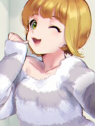  :3 ;d bad_id bad_pixiv_id blonde_hair commentary_request female fur_sweater green_eyes idolmaster idolmaster_cinderella_girls katsuoboshi looking_at_viewer miyamoto_frederica one_eye_closed open_mouth pink_lips short_hair single_bare_shoulder sleeves_past_wrists smile solo striped_clothes striped_sweater sweater upper_body 