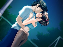  age_difference an*tique antique blush brown_hair closed_eyes denim dutch_angle faceless faceless_male female game_cg hair_bobbles hair_ornament hairclip jeans kami_tama_~kami-sama_no_tamago~ kamitama kanan_(kami_tama) kanan_(kamitama) kissing night outdoors pants short_hair sky twintails yukishiro_yoshi 