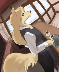  artist_request blonde_hair blue_eyes cafe canine furry long_hiar 