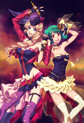  2girls :d ahoge arm_up armpits asymmetrical_legwear bare_shoulders belt black_gloves black_skirt blonde_hair blue_eyes braid breasts cleavage collarbone commentary_request crown crown_braid fingerless_gloves gloves green_hair groin holding holding_hands holding_microphone interlocked_fingers jewelry kazura_enji layered_skirt long_hair looking_at_viewer macross macross_frontier macross_frontier:_sayonara_no_tsubasa medium_breasts microphone midriff mini_crown miniskirt multiple_girls nail_polish necklace necktie open_mouth purple_legwear ranka_lee red_eyes red_nails sheryl_nome shiny_skin short_hair skirt smile standing strapless striped_clothes striped_thighhighs thigh_strap thighhighs torn_clothes torn_thighhighs transparent uneven_legwear v vertical-striped_clothes vertical-striped_thighhighs wrist_cuffs yellow_legwear yellow_necktie yellow_skirt 