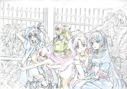  5girls :d blue_dress blunt_bangs blush commentary_request crossover dragon_crisis! dress fractale gosick head_tilt indoors infinite_stratos looking_at_viewer merry_nightmare monochrome multiple_girls nessa_(fractale) open_mouth photoshop_(medium) pillar puffy_short_sleeves puffy_sleeves rose_(dragon_crisis!) season_connection sey shinonono_houki short_sleeves sitting smile victorica_de_blois yumekui_merry 