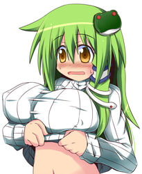  blush breasts commentary_request covered_nipples female frog_hair_ornament green_hair hair_ornament hair_tubes honehone huge_breasts inconvenient_breasts kochiya_sanae long_hair midriff simple_background snake_hair_ornament solo sweat sweater touhou yellow_eyes 