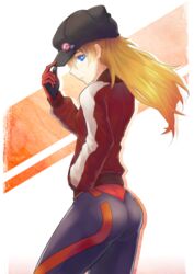  ass bad_id bad_pixiv_id blue_eyes evangelion:_3.0_you_can_(not)_redo female hat highres jacket long_hair looking_at_viewer neon_genesis_evangelion orange_hair plugsuit rebuild_of_evangelion sein_(tgf19911119) solo souryuu_asuka_langley track_jacket 