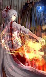  bamboo bow commentary_request female fire fractal fujiwara_no_mokou grey_hair hairbow highres long_hair moon pants photoshop_(medium) red_eyes sleeves_rolled_up solo suspenders three_k_(spiritus_no_honoo) touhou very_long_hair 