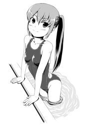  arm_support commentary_request competition_swimsuit female greyscale long_hair monochrome one-piece_swimsuit original ponytail pool poolside ripples solo swimsuit tk4 wading water 