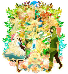  1boy 2girls 7:24 absurdres blonde_hair book brown_hair commentary_request cup digital_media_player dress earphones flower hairband highres hood hoodie hug kagerou_project kozakura_marry kozakura_shion long_hair mother_and_daughter multiple_girls multiple_persona red_eyes rose seto_kousuke short_hair smile souzou_forest_(vocaloid) teapot 