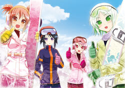  4girls coat commentary_request day earmuffs gloves goggles hatano_kirie kamishima_mihori kikuno_mira kuromine_koyuki multiple_girls original porurin shiori_series snowboard thumbs_up 