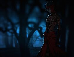  1boy angra_mainyu_(fate) applechoc bad_id bad_pixiv_id bare_tree black_hair commentary_request dark dark-skinned_male dark_skin fate/hollow_ataraxia fate_(series) forest full-body_tattoo male_focus nature night solo tattoo topless_male tree 