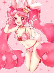  :d animal_ears bad_id bad_pixiv_id bow bra cake_hair_ornament choker collarbone cure_whip double_v earrings eungking_(tog2029) extra_ears female food-themed_hair_ornament food_print full_body gloves hair_ornament hairband highres jewelry kirakira_precure_a_la_mode long_hair looking_at_viewer magical_girl navel open_mouth panties pink_background pink_bra pink_eyes pink_hair pink_hairband pink_panties pink_theme pom_pom_(clothes) pom_pom_earrings precure rabbit_ears rabbit_tail red_bow red_choker simple_background smile solo strawberry_print tail twintails underwear usami_ichika v white_gloves 